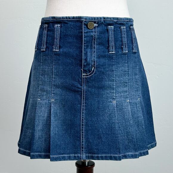 Y2K Vintage Pleated Stretch Denim Low Waist Jean Mini Skirt - Picture 1 of 8